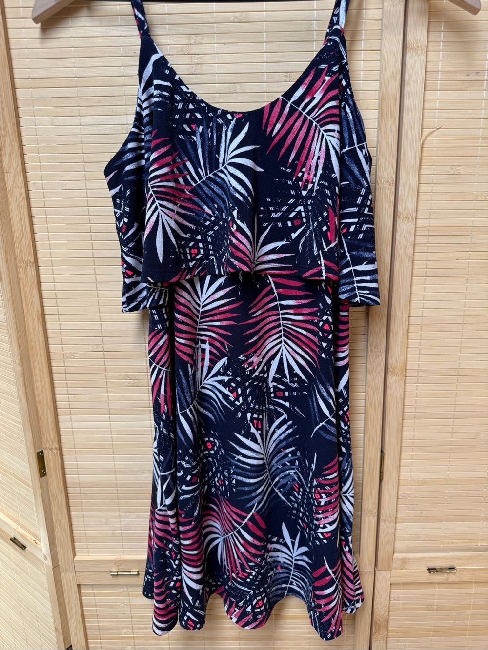 🌴 Tropical Palm Pattern Flounce Mini Dress, Adjustable Straps